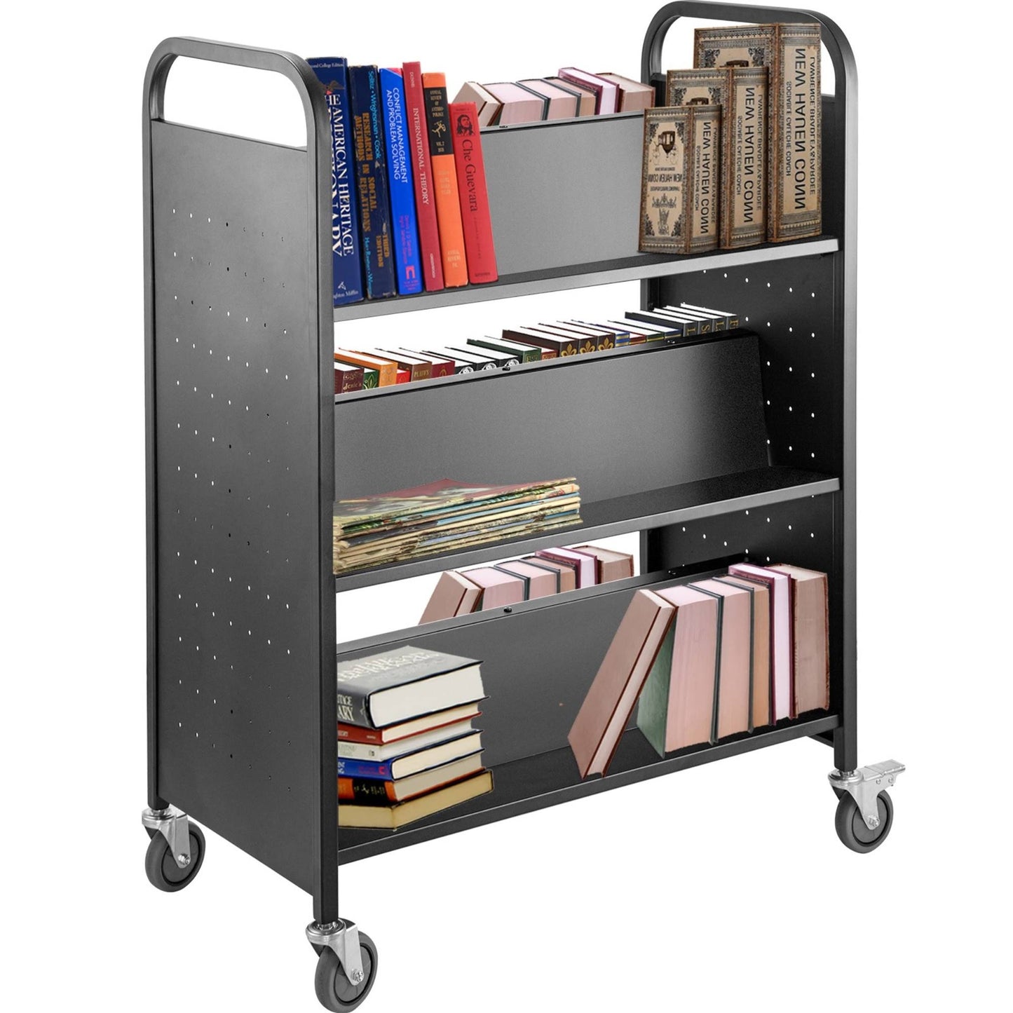 Vevor Book Cart Library Cart 200lb With Double Sided W-Shaped Sloped Shelves Black Tsgtcscwxsmhs0001v0