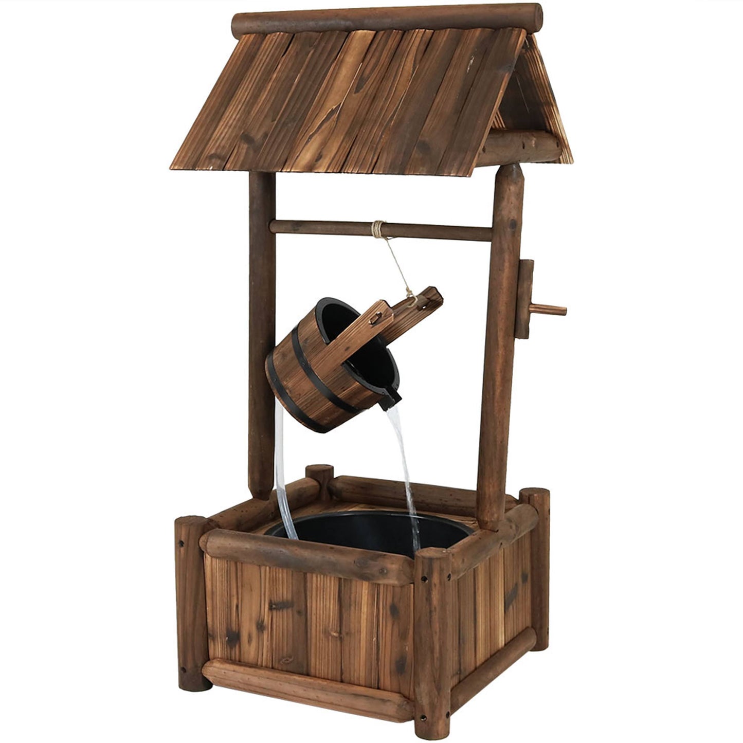 Sunnydaze Rustic Wood Wishing Well Outdoor Fountain With Liner, 46-In