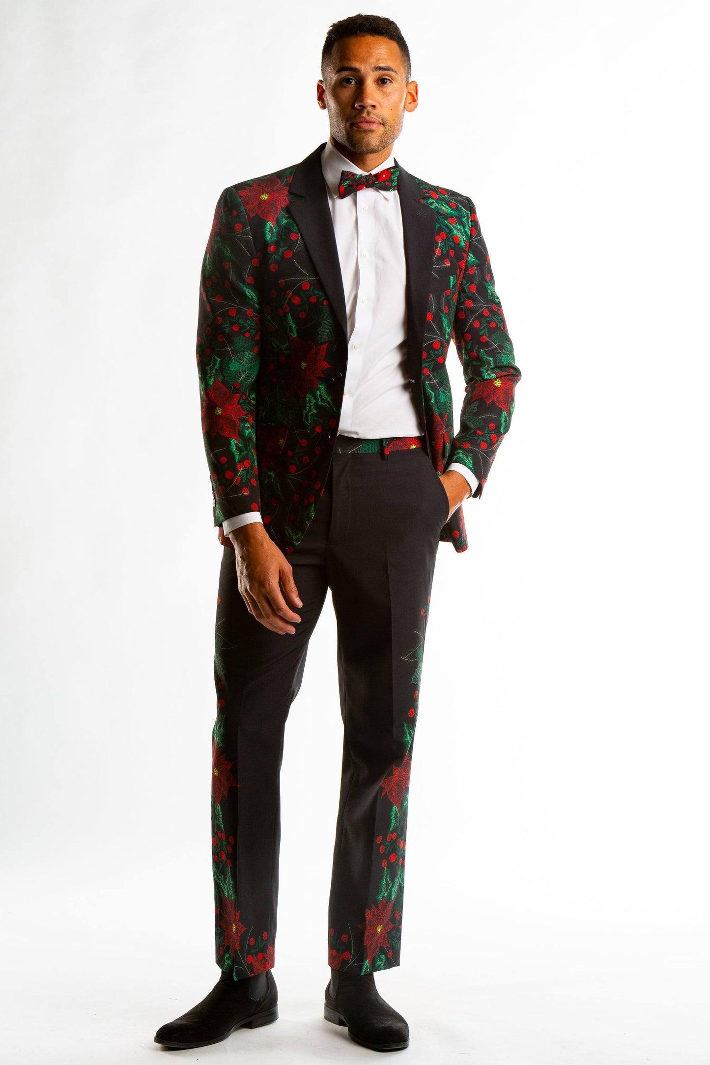 The Centerpiece | Men s Poinsettia Ugly Christmas Suit | Size 50 | Black | Shinesty