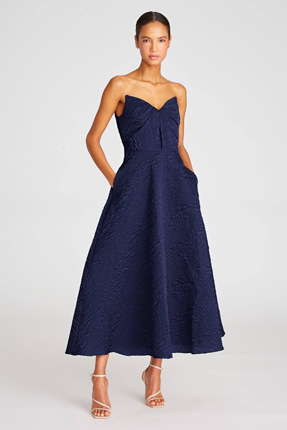 Theia Women s Ellie Crinkle Calf-Length A-Line Midi-Dress - Navy - Size 2