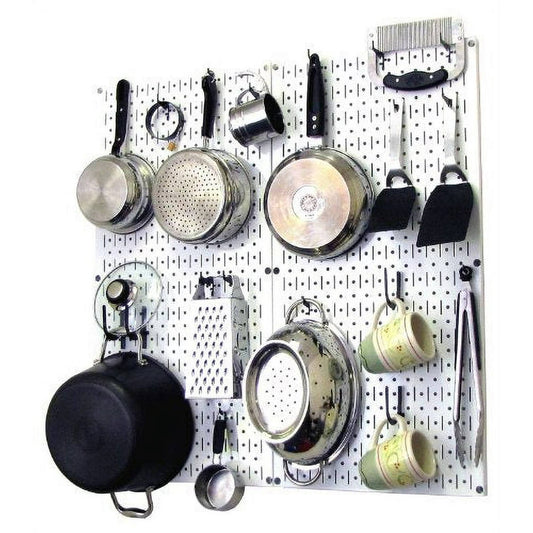 Wall Control Kitchen Pegboard 32 In. X 32 In. Steel Peg Board Pantry Organizer Kitchen Pot Rack Metallic Pegboard And Black Peg Hooks, Silver