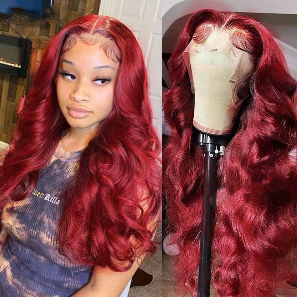 Mupretty 26inch Lace Front Wigs Human Hair 180% Density 99j Burgundy Lace Front Wigs Human Hair Bleached Knots Body Wave Lace Front Wig 13x4x1 T