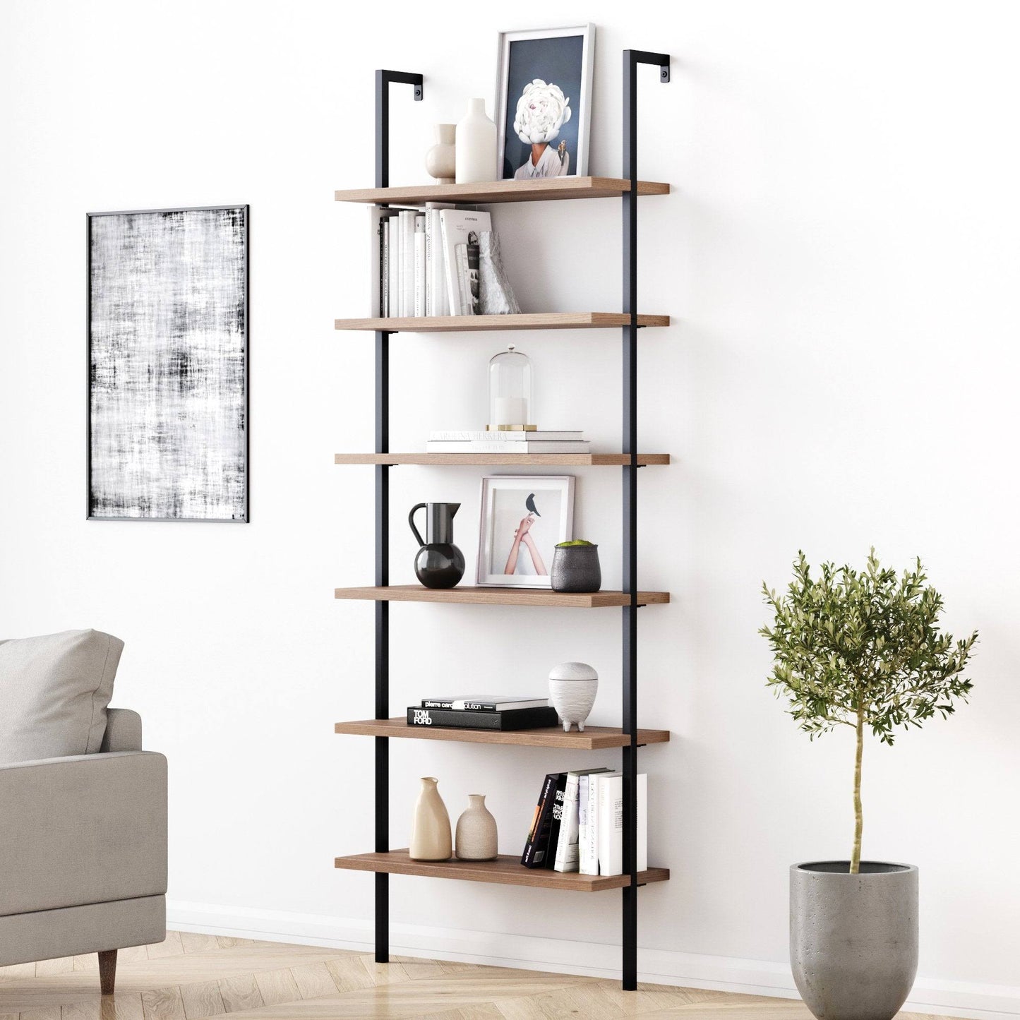 Nathan James Theo 6-Shelf Tall Bookcase, Wall Mount Bookshelf Wood With Metal Frame - Nutmeg/Matte Black