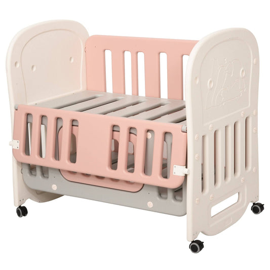 Qaba Convertible Baby Crib 3-In-1 Design Toddler Cot Cradle With Storage Function & 4 Detachable Lockable Wheels - Pink