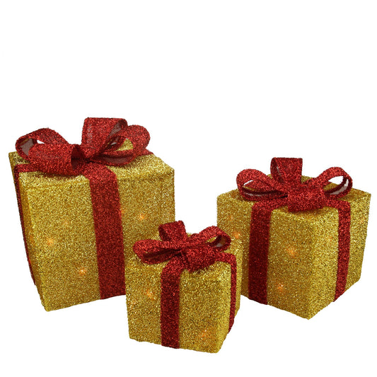 Northlight Set Of 3 Silver Tinsel Lighted Gift Boxes With Red Bows Outdoor Christmas Decorations