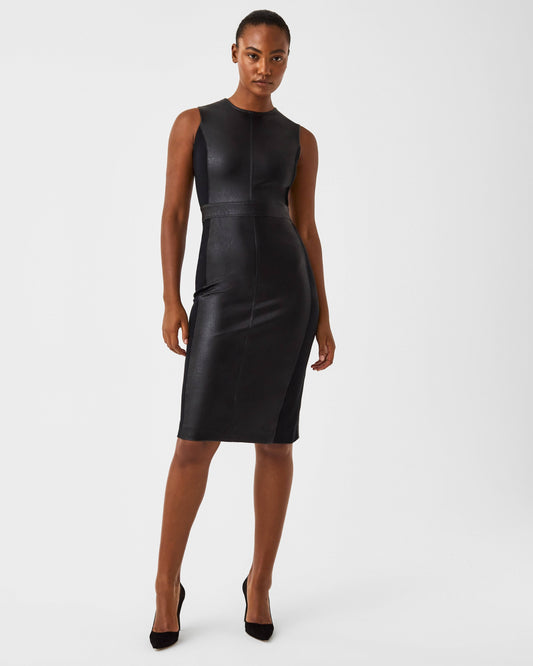 Spanx Leather-Like Combo Fitted Dress Luxe Black S