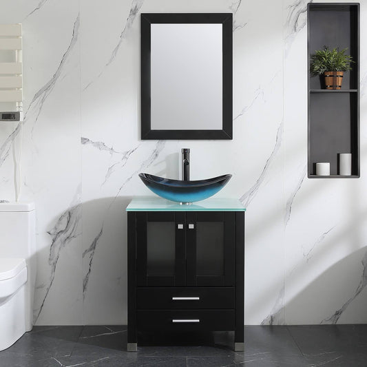 Wonline 24 Inch Black Bathroom Wood Vanity Cabinet & Tempered Glass Vessel Sink Bowl + Faucet /Drain, Size: 24.4