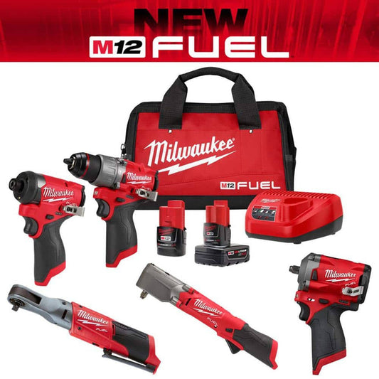 Milwaukee M12 Fuel 12-Volt Li-Ion Brushless Cordless Hammer Drill/Impact Driver/Ratchet Combo Kit(3-Tool) W/3/8 In. Impact Wrench