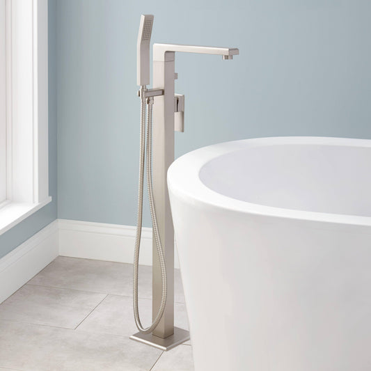 Signature Hardware 934423 Ryle Floor Mounted Tub Filler- Includes Hand Shower Oil Rubbed Bronze Faucet Tub Filler Single Handle