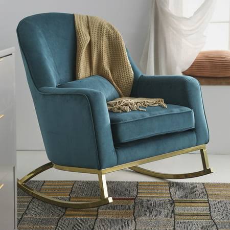 Modrn Glam Velvet Rocking Chair, Teal With Satin Brass