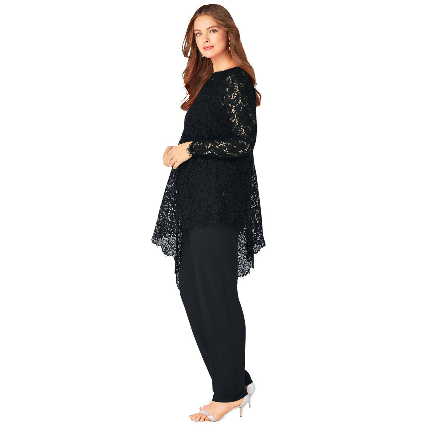 Plus Size Women s Lace Asymmetric Tunic & Pant Set By Roaman s In Black (Size 22 W) Formal Evening