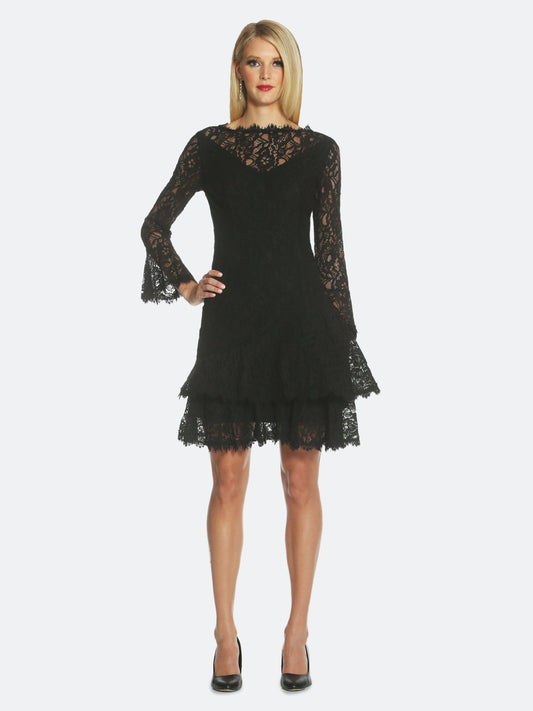 Shani Double Ruffle Lace Dress - Black - 8