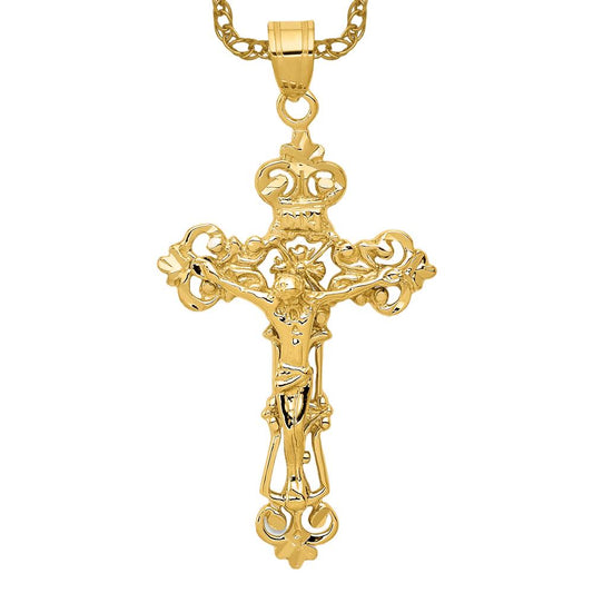 14k Yellow Gold Inri Fleur De Lis Flower Lord Jesus Christ Crucifix Holy Cross Necklace Charm Pendant 46mm