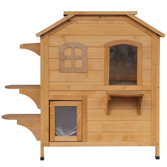 Pawhut Wooden 2-Story Indoor Or Outdoor Cat House With Escape Door Ca