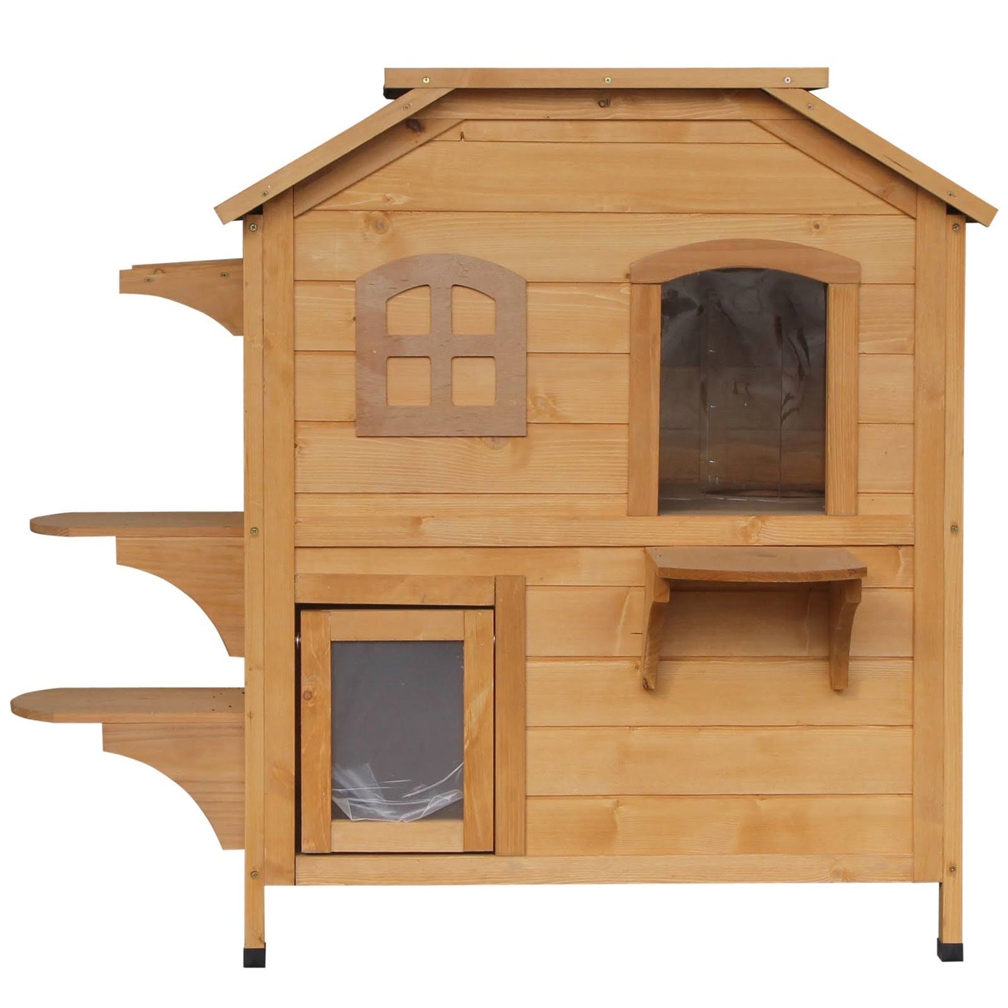 Pawhut Wooden 2-Story Outdoor Cat House, Feral Cat Shelter Kitten Condo With Escape Door, Openable Asphalt Roof And 4 Platforms, White