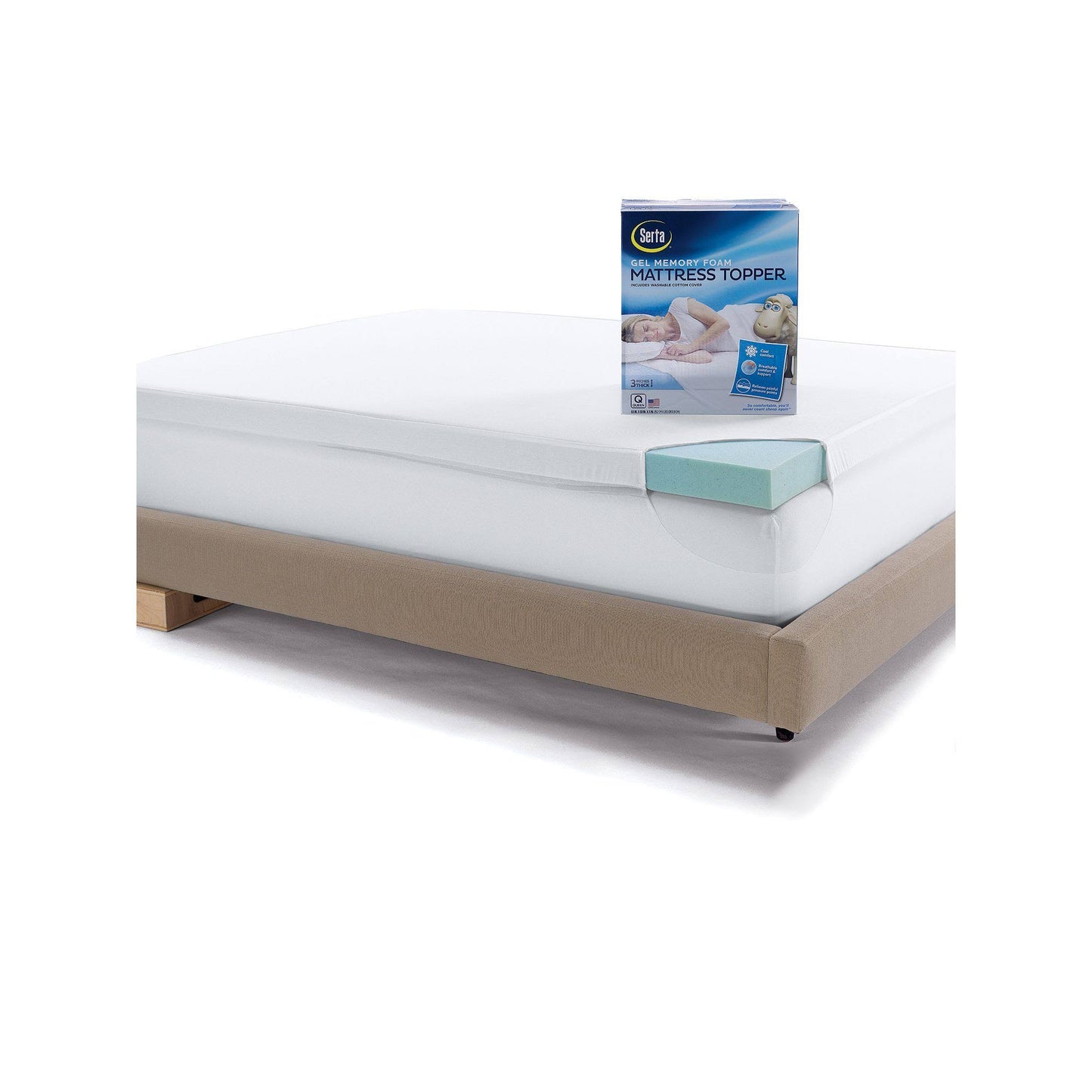 Serta 3-Inch Deep-Pocket Gel Memory Foam Mattress Topper, White, Queen