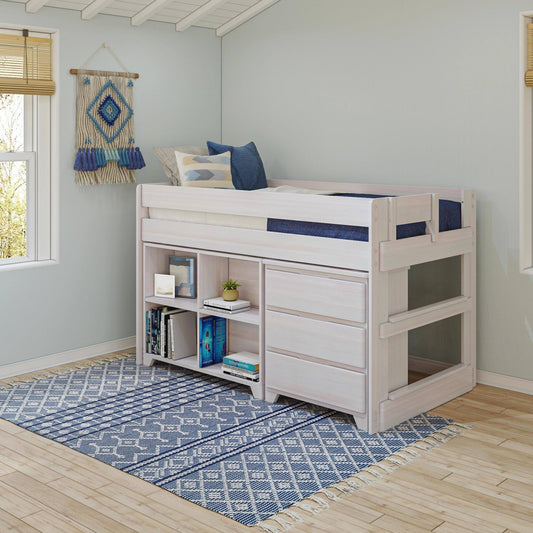 Modern Farmhouse Twin-Size Low Loft Bed With 3-Drawer Dresser And 4-Shelf Bookcase - White Wash | Max & Lily