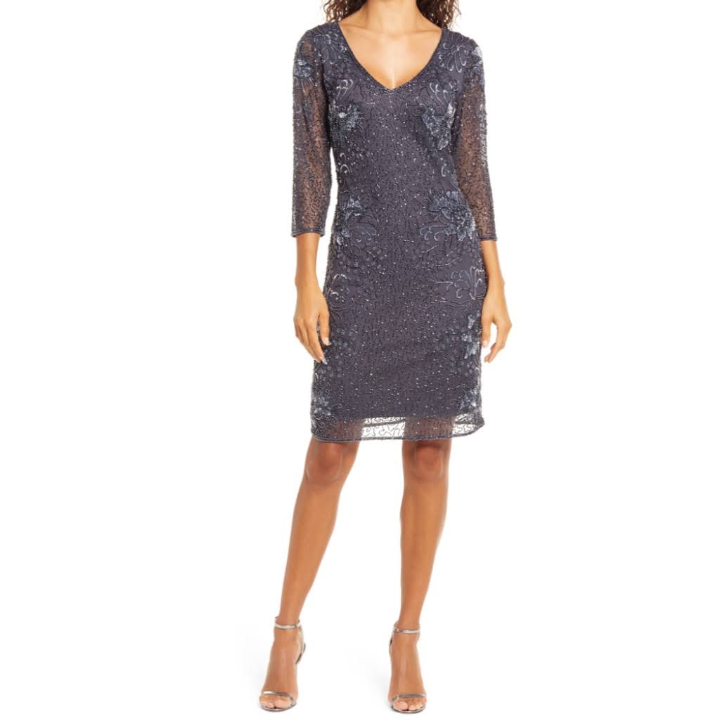 Pisarro Nights Beaded V-Neck Cocktail Dress Slate