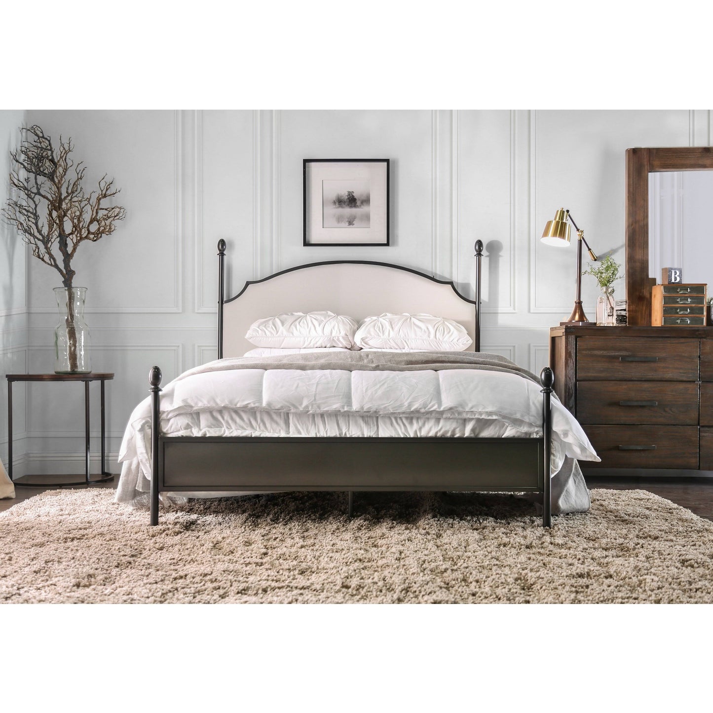 The Gray Barn Epona Modern Curved Metal Four Poster Bed - Beige Boucle - Queen