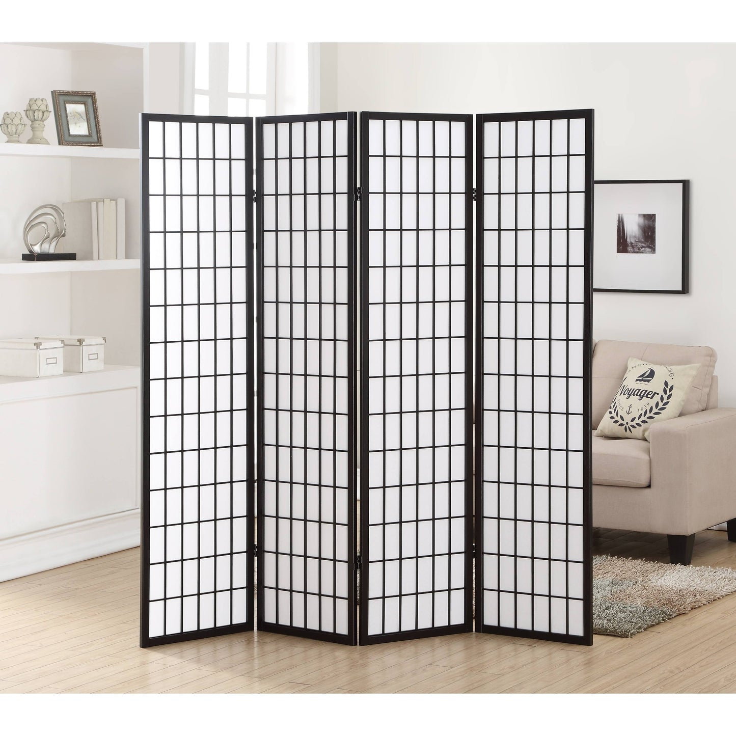 Roundhill Furniture 4 Panel Oriental Shoji Screen Room Divider, Black