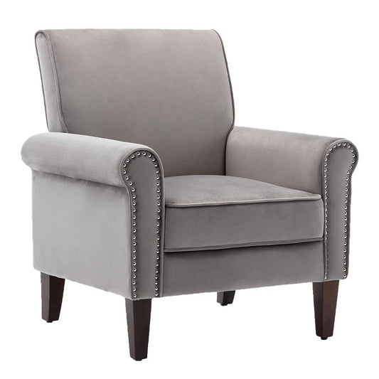 Morden Fort Accent Bedroom Chair Velvet Upholstered Armchair For Bedroom Living Room Club Office-(Grey)