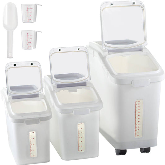 Vevor Ingredient Storage Bin 11.4+5.8+3.4 Gal. Capacity Shelf-Storage Ingredient Bin 500 Cup Flour Bins With Wheels, White