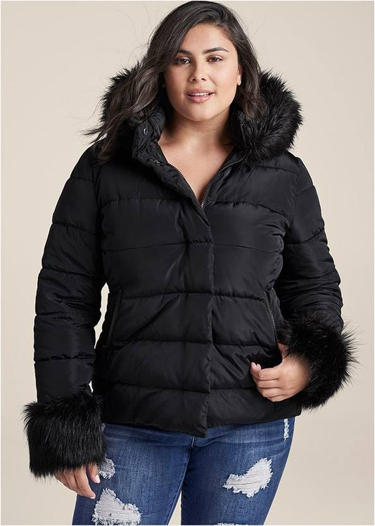 Women s Faux-Fur Trim Puffer Coat Jackets - Anthracite, Size L By Venus