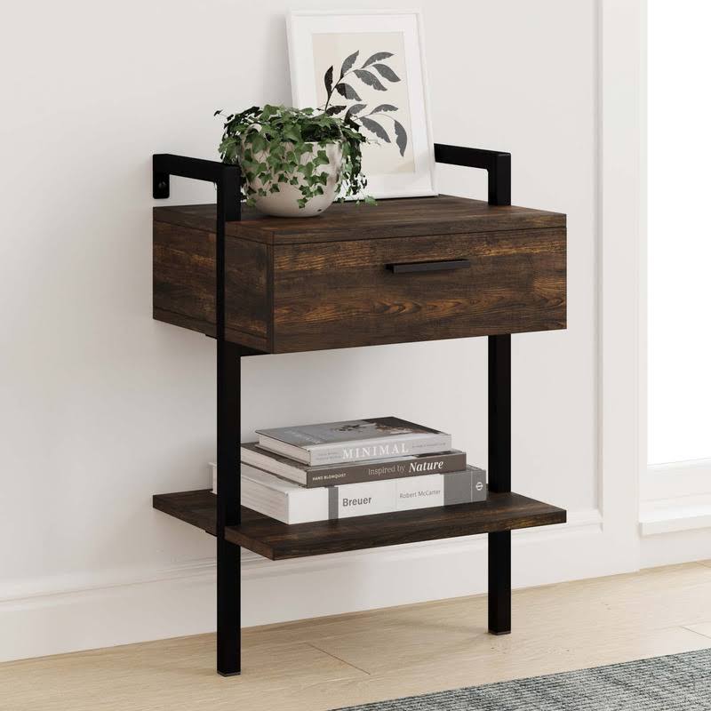 Nathan James Jenny Rustic Wall Mount Nightstand With Drawer And Storage Shelf, Oak Wood And Black Metal Frame