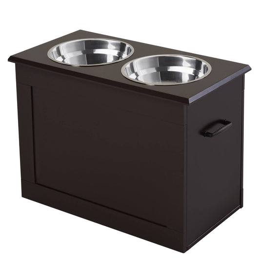 Pawhut Raised Pet Feeding Storage Station With 2 Stainless Steel Bowls Base For Large Dogs And Other Large Pets, Dark Brown