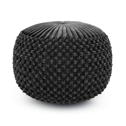 Renee Round Pouf In Slate Grey Velvet