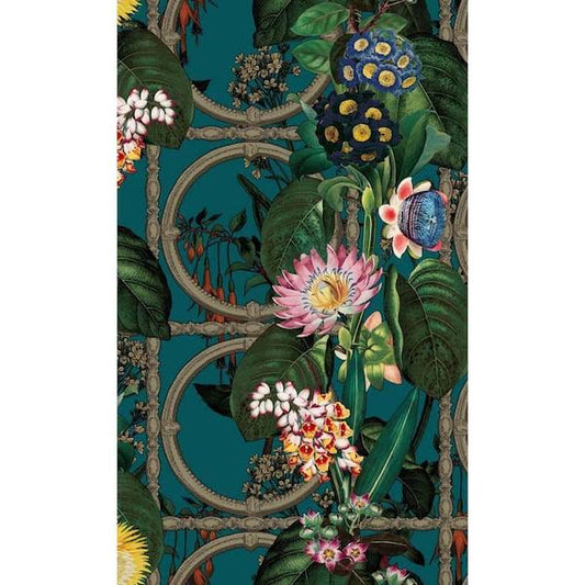 Walls Republic R7576 Teal Metallic Bold Flowers And Leaves Floral Shel