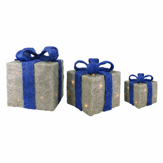 Northlight Set Of 3 Lighted Silver With Blue Bows Sisal Gift Boxes Christmas Yard Art Decorations