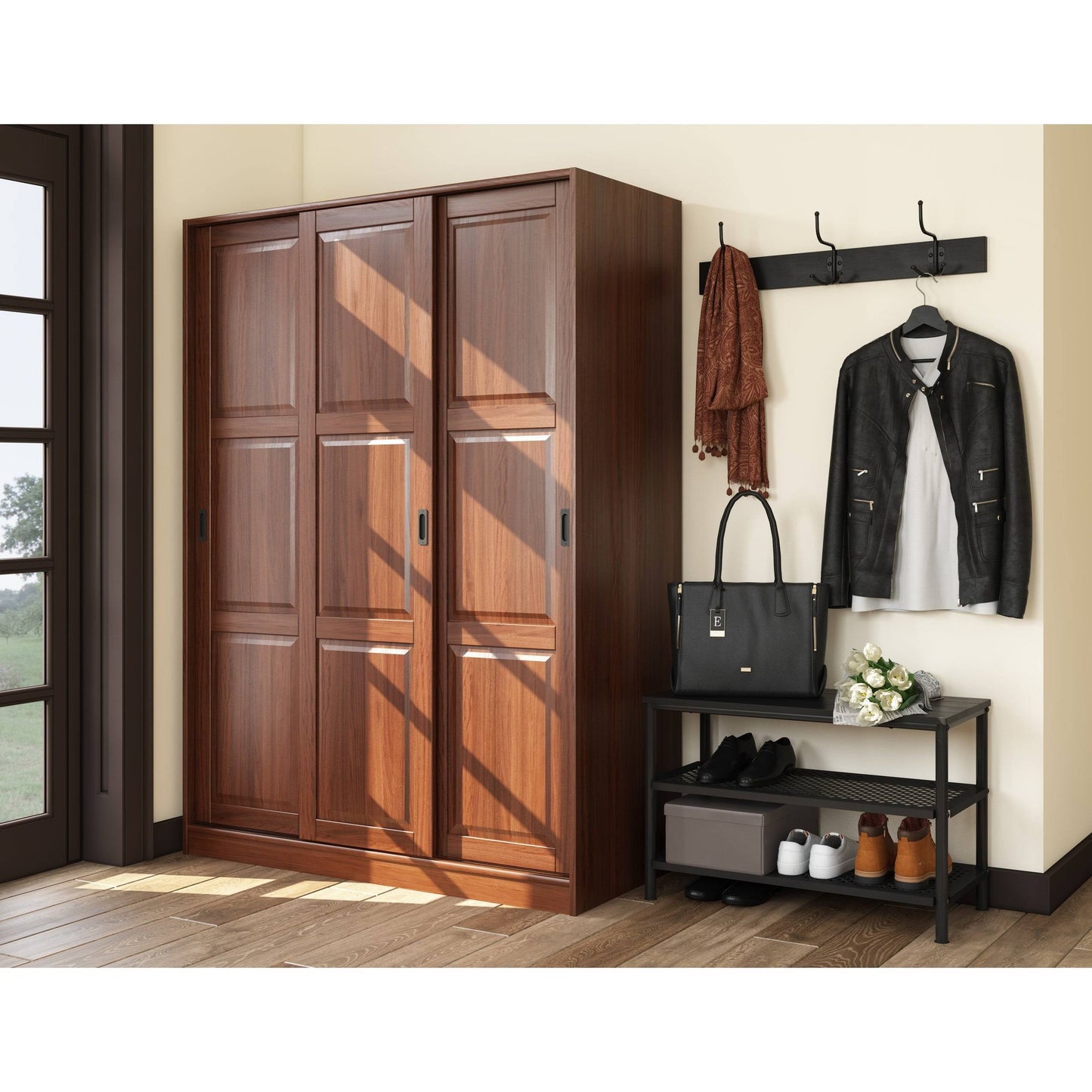 Palace Imports 5673 Mocha 100% Solid Wood 3-Sliding Door Wardrobe