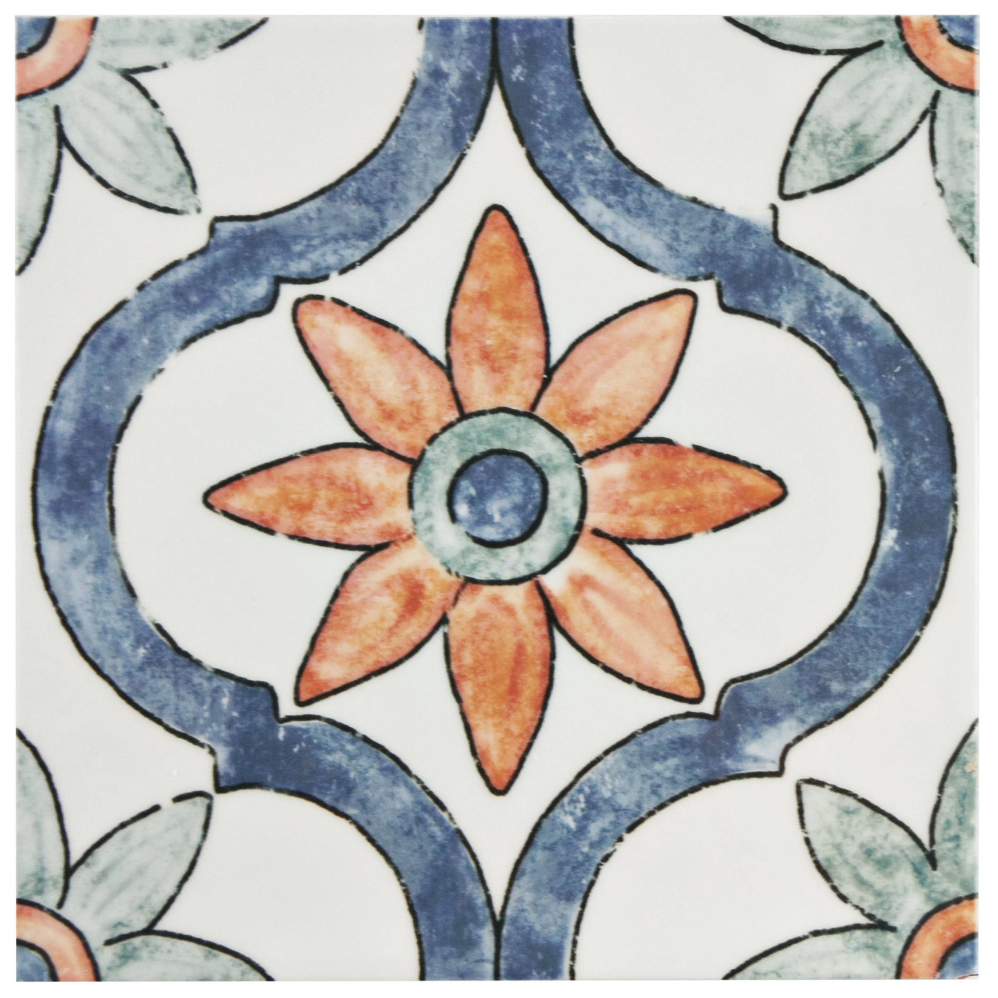 Somertile Waebouar Loire Ceramic Wall Tile, 7.75 Inch X 7.75 Inch, White/Blue/Orange/Green