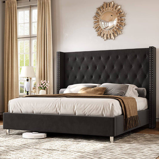 Papajet King Size Tufted Upholstered Platform Bed Frame Low Profile, Black