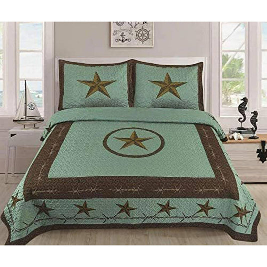 Sapphire Home Luxury 3-Piece Quilt Bedspread Set - Western Design Collection - Wild Horse Country/Horseshoe/Star/Cowboy/Southwestern Blue/Tayler