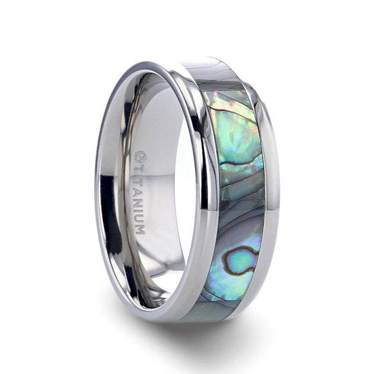 Thorsten Rings - Kaui Titanium Polished Finish Mother Of Pearl Inlaid MenS Beveled Wedding Band - 6mm & 8mm-6mm-5.50