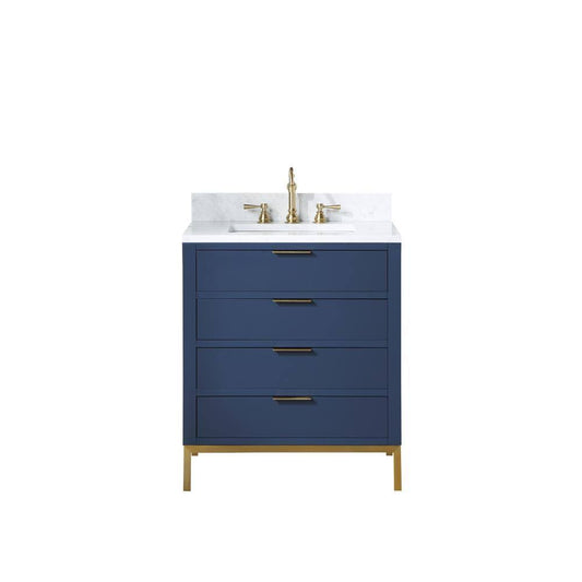 Water Creation Bristol 30 In. W X 21.5 In. D Vanity In Monarch Blue With Marble Top In White With White Basin