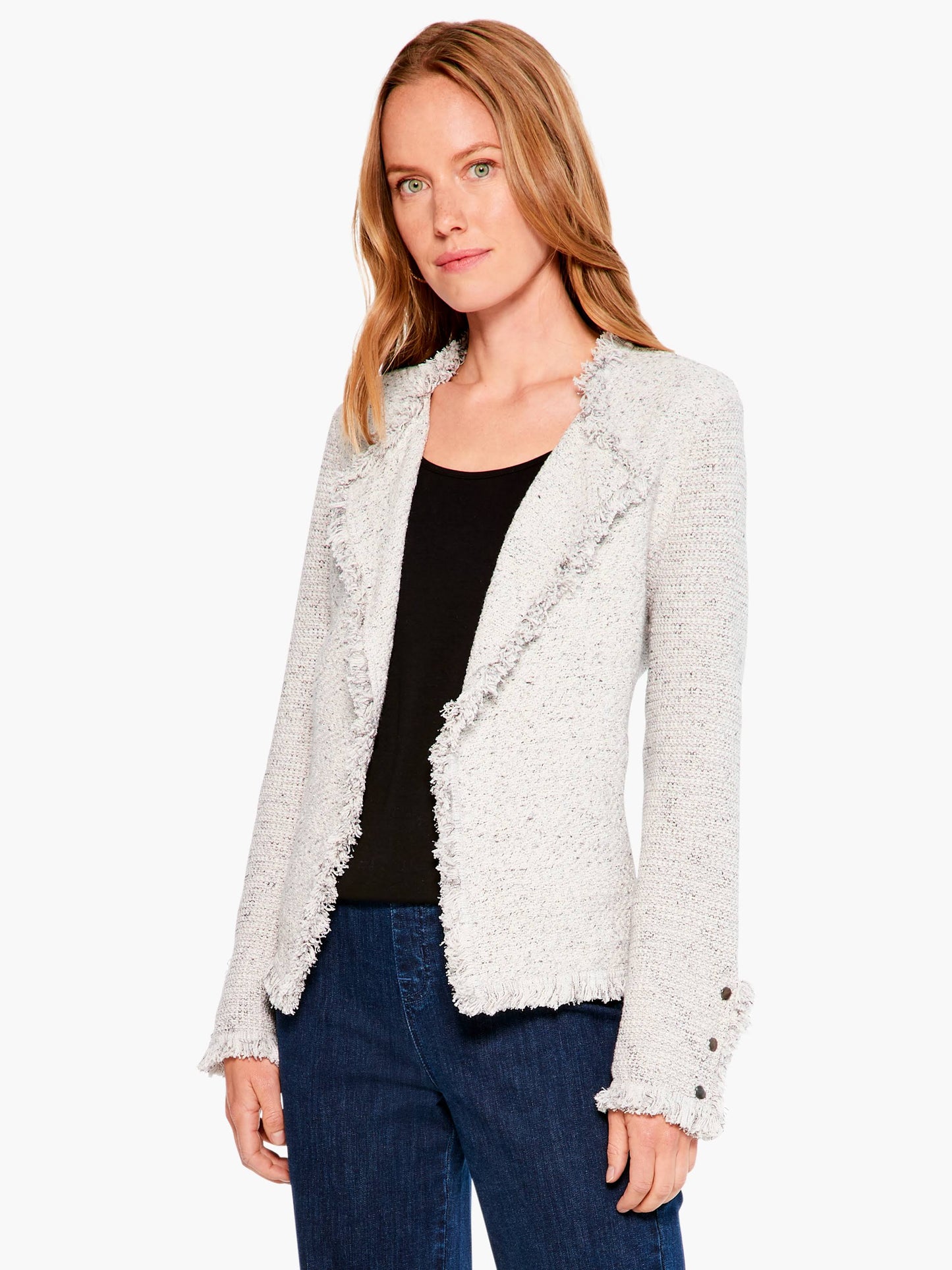 Nic+Zoe Fringe Mix Knit Jacket In Sugar Cookie