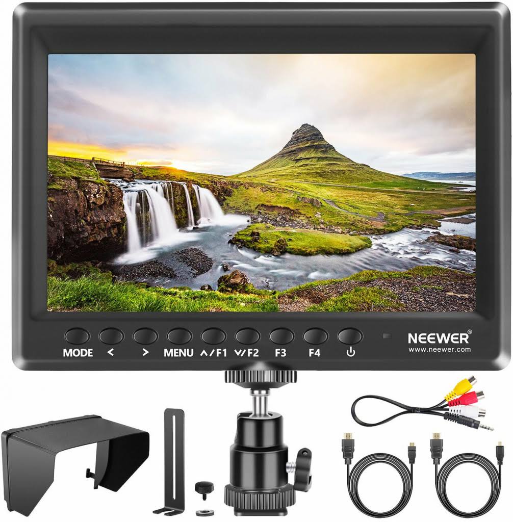 Neewer F100 7 Inch Camera Field Monitor Video Assist Slim Ips 1280x800 Hdmi Input 1080p With Sunshade For Dslr Cameras, Handheld Stabilizer, Film