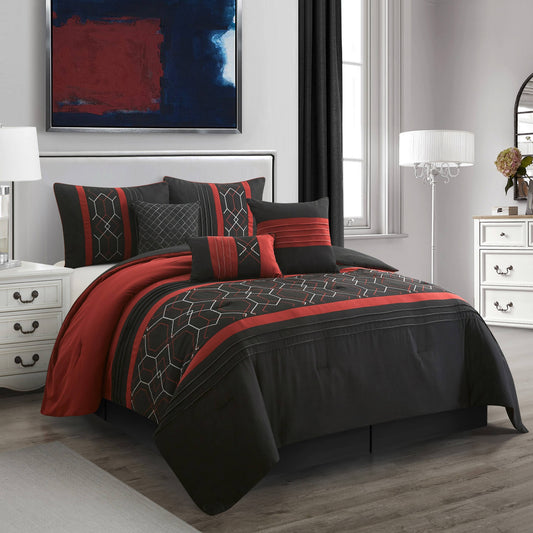 Nanshing Elliot 7 Piece Geometric Comforter Set, Black/Red, King